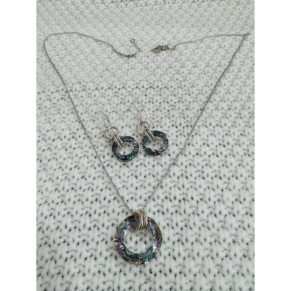 925 Sterling Silver 20" Chain Multicolor Faceted Ring Pendant Earrings Set